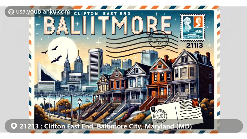 Modern illustration of Clifton East End, Baltimore, Maryland, featuring iconic skyline, Chesapeake Bay, rowhouses, postal stamp, and postmark with ZIP code 21213.
