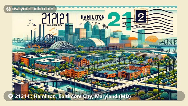 Contemporary illustration of ZIP code 21214, Hamilton area, Baltimore City, MD, featuring urban green spaces, historical development from settlement to suburban neighborhood, and iconic views like Harford Road.