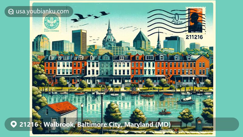 Modern illustration of Walbrook neighborhood in Baltimore, Maryland, showcasing urban residential elements, green spaces, landmarks like Frederick Douglass High School, and cultural icons like the Maryland Zoo in Druid Hill Park.