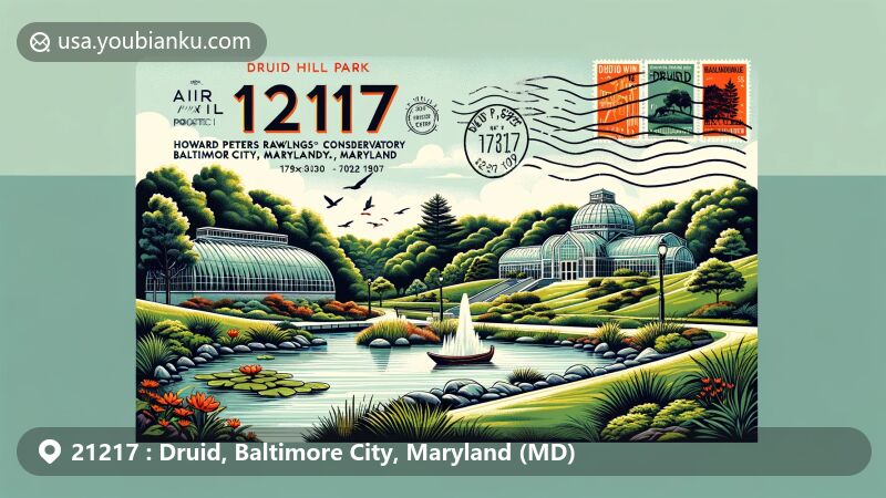 Modern illustration of Druid Hill Park, Baltimore City, Maryland, with ZIP code 21217, featuring Howard Peters Rawlings Conservatory and postal elements.