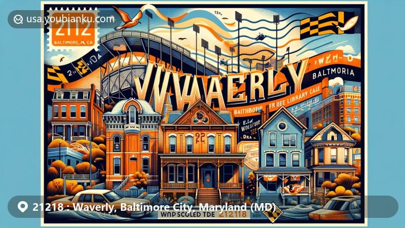 Modern illustration of Waverly neighborhood, Baltimore City, Maryland, capturing unique charm with Memorial Stadium, Victorian and row house architectural styles, and postal elements for ZIP code 21218.
