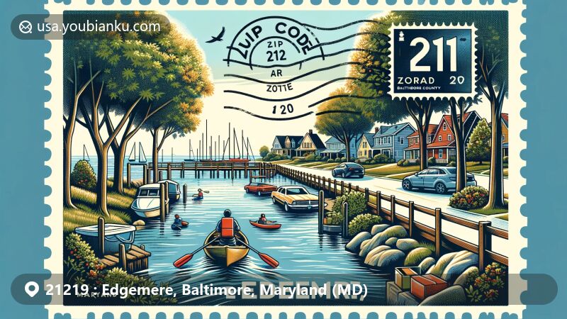Modern illustration of Edgemere area, Baltimore County, Maryland, depicting peaceful waterfront scene, mature trees, and Chesapeake Bay proximity in ZIP Code 21219.