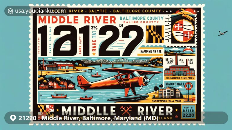 Modern illustration of Middle River, Baltimore County, Maryland, showcasing geographic features and landmarks, including Martin State Airport, Hammerman Area of Gunpowder Falls State Park, and Maryland state symbols.