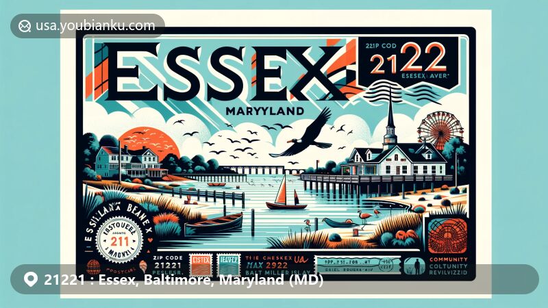 Modern illustration of Essex, Maryland, showcasing postal theme with ZIP code 21221, featuring the Chesapeake Bay, marshlands, Hart Miller Island, Ballestone Mansion, and community revitalization efforts.