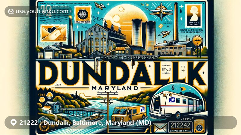 Contemporary illustration of Dundalk, Maryland, featuring McShane Bell Foundry and Bethlehem Steel symbols, along with Bread and Cheese Creek, postal elements, and ZIP Code 21222.