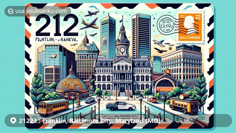Modern illustration of Franklin, Baltimore City, Maryland, capturing architectural heritage and postal elements, featuring Baltimore City Courthouse, Fort McHenry, Rawlings Conservatory & Botanical Gardens, Baltimore Basilica, Mount Vernon Methodist Church, 10 Light Street Art Deco skyscraper, and postal elements like stamps and postmarks with ZIP code 21223.