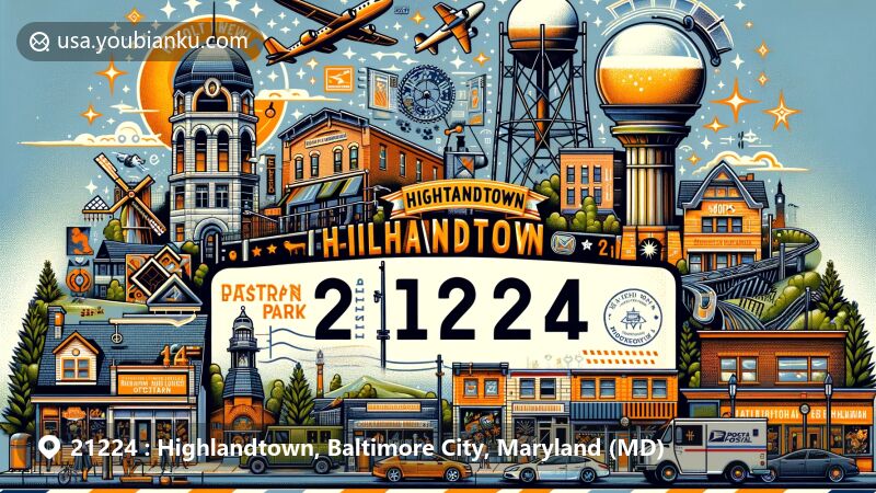 Modern illustration of Highlandtown, Baltimore City, Maryland, representing ZIP code 21224 with vibrant arts and performance scene along Eastern Avenue, highlighting Patterson Park Observatory, public art, and craft beer culture.