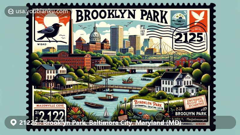 Modern illustration of ZIP code 21225, Brooklyn Park and Baltimore City, Maryland, featuring Masonville Cove Environmental Education Center, Patapsco River, and diverse neighborhoods like Brooklyn Heights and Arundel Village.