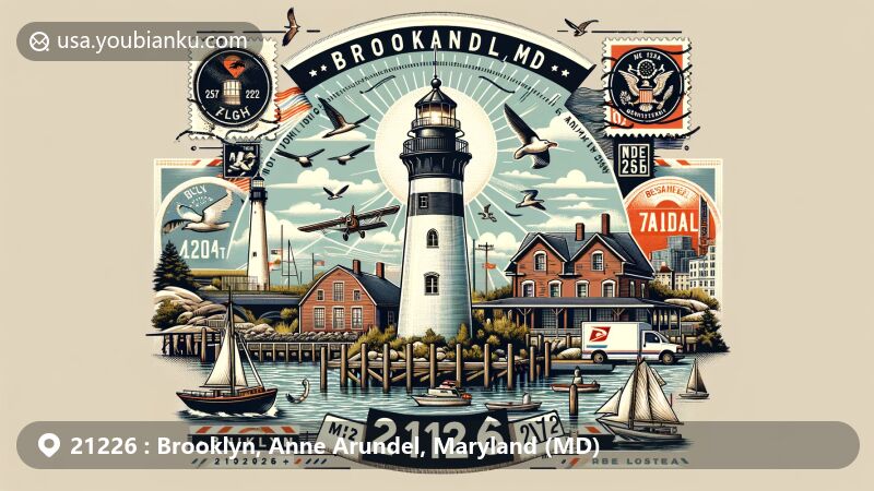 Modern illustration of Brooklyn, Anne Arundel County, Maryland, representing ZIP code 21226 with Baltimore Light Station at the center, surrounded by Chesapeake Bay, incorporating postal elements like vintage airmail envelope and local landmarks stamps.