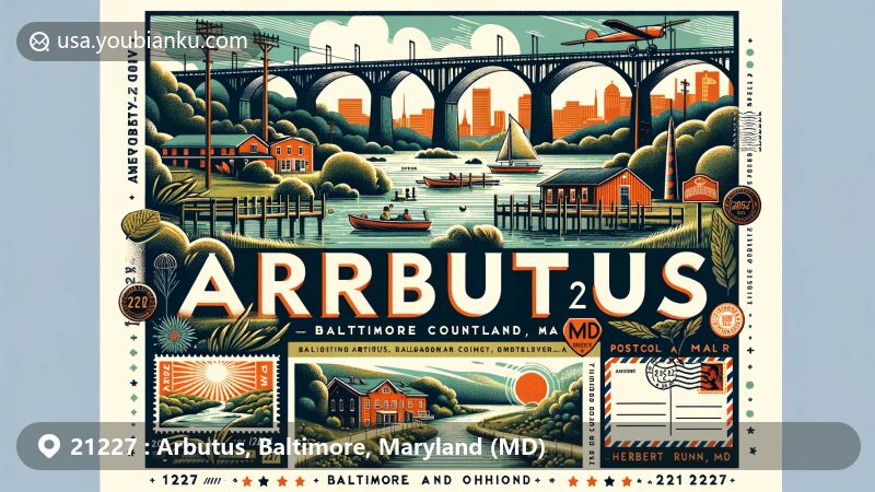 Modern illustration of Arbutus, Baltimore County, Maryland, showcasing postal theme with ZIP code 21227, featuring Thomas Viaduct and local landmarks.