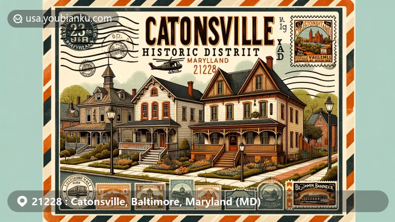 Modern illustration of Catonsville, Maryland, showcasing Old Catonsville Historic District with diverse architectural styles from late 19th and early 20th centuries, incorporating musical elements and highlighting Benjamin Banneker Historical Park & Museum.