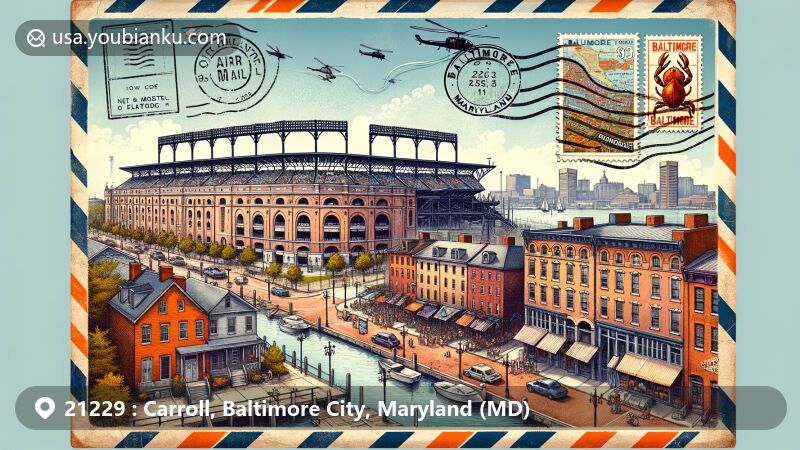 Modern illustration of the '21229' postal code area in Baltimore, Maryland, featuring Oriole Park at Camden Yards, Fort McHenry, Fell's Point waterfront, and postal elements with Maryland state symbols.