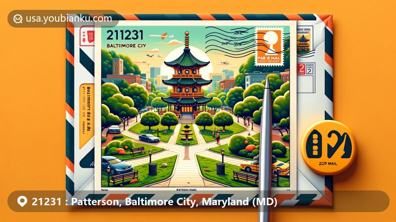 Modern illustration of Patterson Park in Baltimore City, Maryland, featuring lush green spaces, the iconic Pagoda, and a creatively designed airmail envelope with postal elements, symbolizing the area's historic charm and vibrant community spirit.