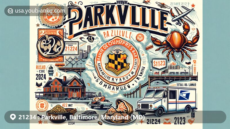 Modern illustration of Parkville, Baltimore County, Maryland, featuring local landmarks and cultural elements, incorporating Baltimore County Seal and Pappas Restaurant & Sports Bar's famous crab cakes, showcasing postal theme with vintage airmail envelope, Maryland state flag stamps, and postal elements like a truck and mailbox with ZIP code 21234.