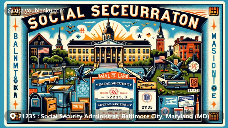 Modern illustration of Social Security Administration Headquarters in Baltimore, Maryland, featuring ZIP code 21235, Maryland state flag, Woodlawn High School, and Lorraine Park Cemetery.