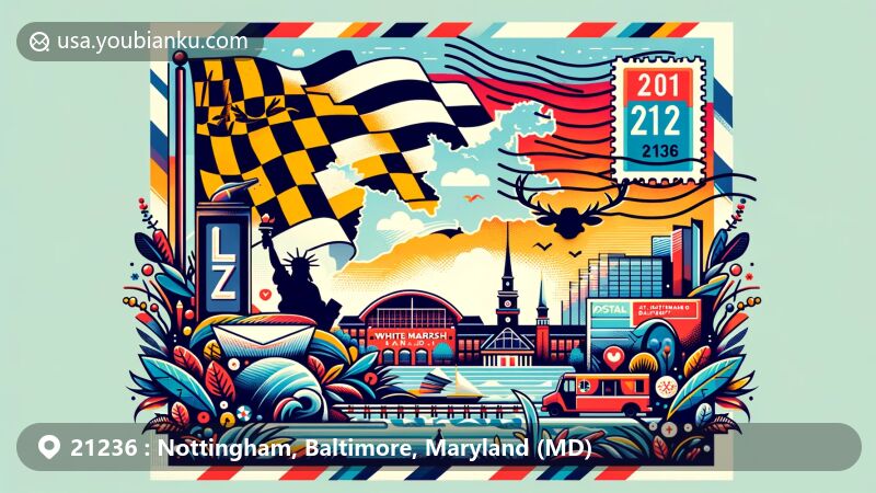 Creative illustration of Nottingham, Baltimore County, Maryland, in a postcard theme with ZIP code 21236, featuring Maryland state flag and landmarks like White Marsh Mall.