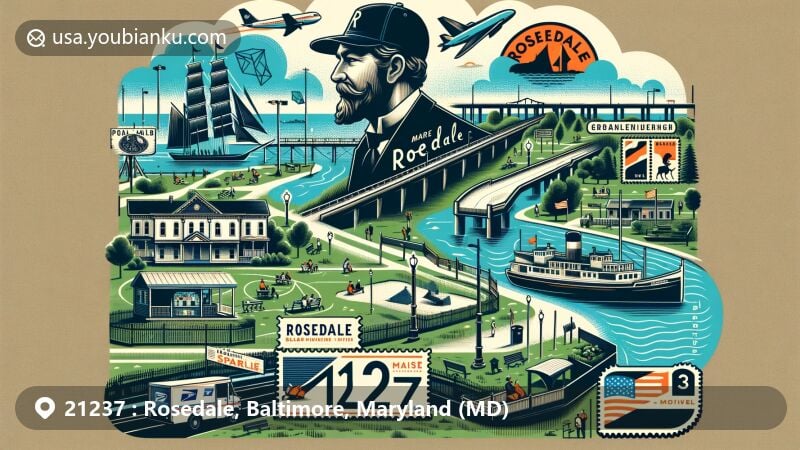 Modern illustration of Rosedale, Baltimore, Maryland, highlighting historical and cultural heritage with nod to German and Polish immigrants, Charles Schatzschneider, transformation from rural community to modern suburb, Rosedale Park, Back River, and postal elements.