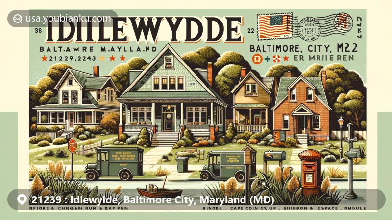 Modern illustration of Idlewylde, Baltimore City, Maryland, embodying architectural diversity and natural beauty, featuring 1920s bungalows, Cape Cod houses, and colonial homes with postal theme including vintage postcard, Maryland state flag, mailbox, and mail truck.