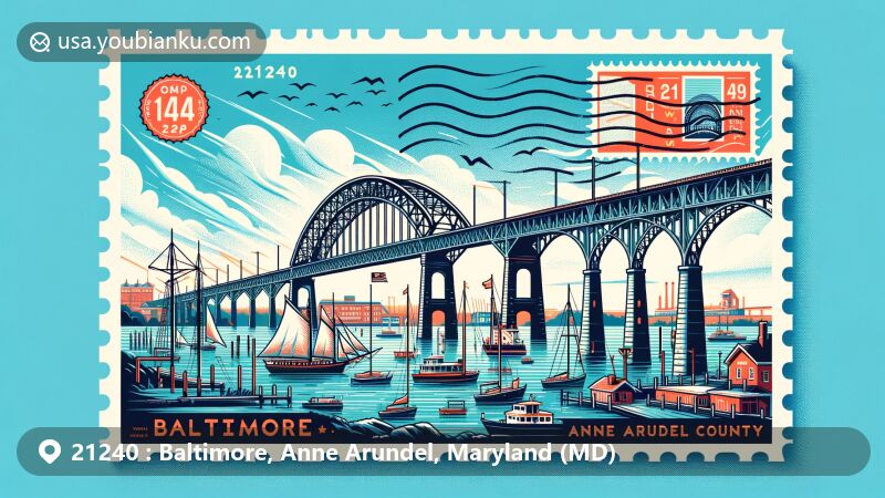 Modern illustration of Baltimore and Anne Arundel areas in Maryland, featuring Carrollton Viaduct, Chesapeake Bay, postal elements like postage stamp and postmark with ZIP code 21240.