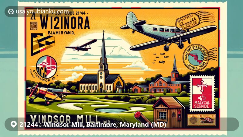 Modern illustration of Windsor Mill, Baltimore, Maryland, showcasing postal theme with ZIP code 21244, featuring Diamond Ridge Golf Course and Saint Stanislaus Kostka Catholic Church.