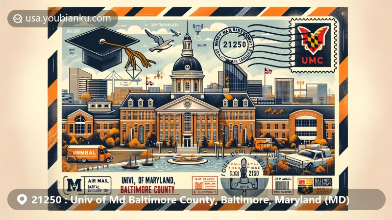 Modern illustration of University of Maryland, Baltimore County (UMBC) set against Baltimore County, Maryland, highlighting notable buildings like Fine Arts, IT & Engineering, and Chemistry, symbolizing academic excellence with graduation cap and diploma, incorporating postal theme with '21250' ZIP Code, UMBC mascot stamp, and Baltimore postmark.