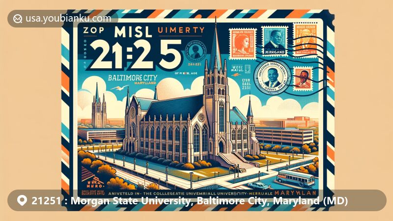 Modern illustration of Morgan State University in Baltimore, Maryland, highlighting the Memorial Chapel in Collegiate Gothic style, symbol of African American architecture, featuring civil rights heritage and Maryland state flag.