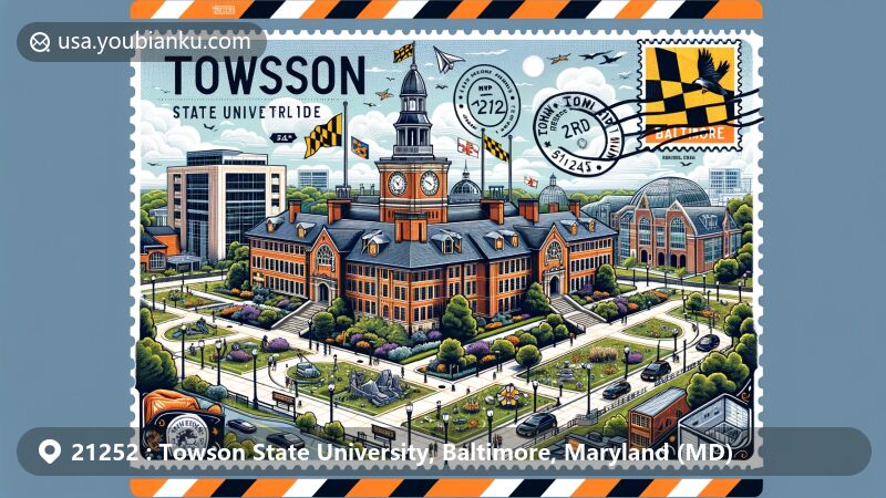 Modern illustration of Towson State University in Baltimore, Maryland, showcasing iconic landmarks like Stephens Hall, Science Complex, University Union, and Cook Library, with Maryland state flag and postal elements, reflecting educational and cultural significance.