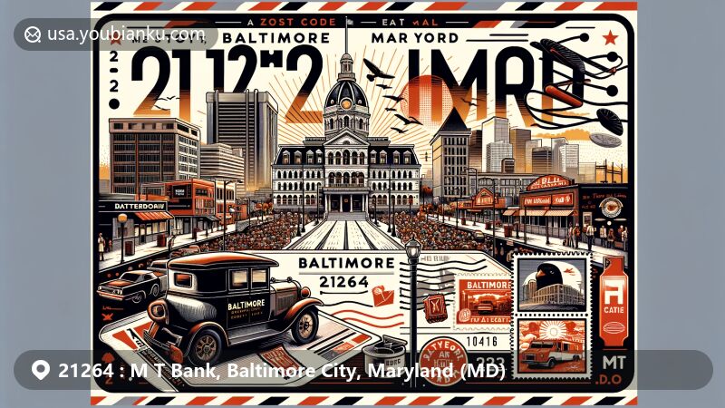Modern illustration of ZIP Code 21264 in M T Bank area, Baltimore City, Maryland, showcasing historical landmarks, cultural scene, and postal elements with vintage mail truck.
