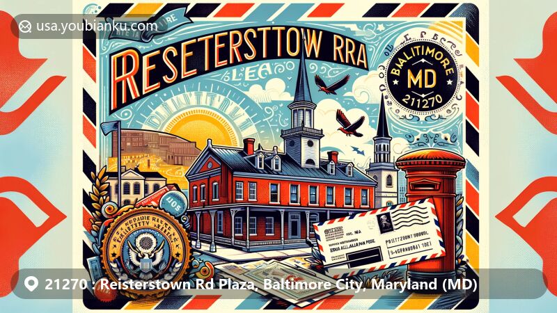 Modern illustration of Reisterstown Rd Plaza area, Baltimore City, Maryland, showcasing Fort McHenry and Edgar Allan Poe House, with postal elements like vintage air mail envelope, Maryland state flag motifs, and Baltimore cityscape.