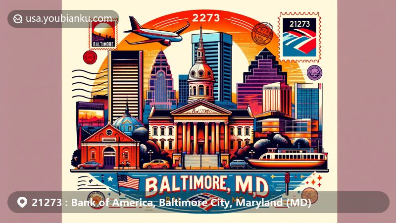 Modern illustration of ZIP code 21273, Bank of America, Baltimore City, Maryland, showcasing the city's skyline with landmarks like the Baltimore Museum of Art and the Baltimore World Trade Center, including the historic Baltimore Basilica and postal-themed elements.