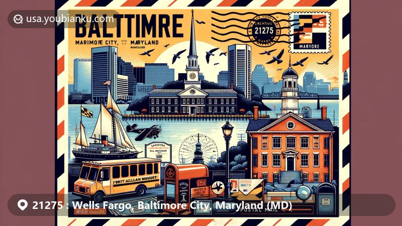 Modern illustration of Baltimore City, Maryland, showcasing postal theme with ZIP code 21275, featuring Wells Fargo and iconic landmarks like Fort McHenry National Monument, Edgar Allan Poe House, and Washington Monument.
