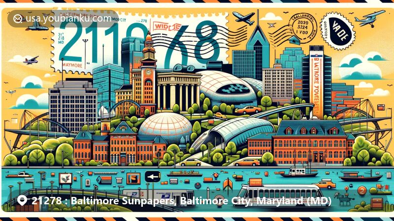 Modern illustration of Baltimore City, Maryland, portraying ZIP code 21278 in a creative postcard design with postal elements like a stamp, postmark, mailbox, and mail truck, showcasing local landmarks like Patterson Park and the Baltimore Equitable Society building.