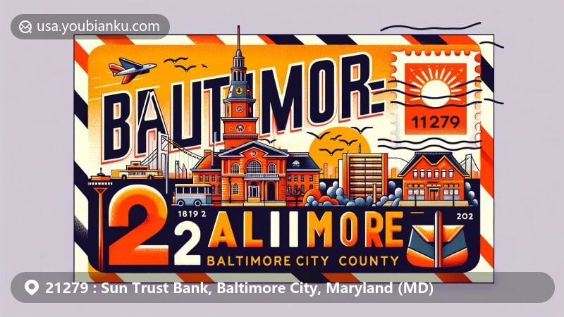 Modern illustration of ZIP code 21279 in Baltimore, Maryland, showcasing Sun Trust Bank area within Baltimore City County, featuring Fort McHenry, Baltimore City Courthouse, and Babe Ruth House.