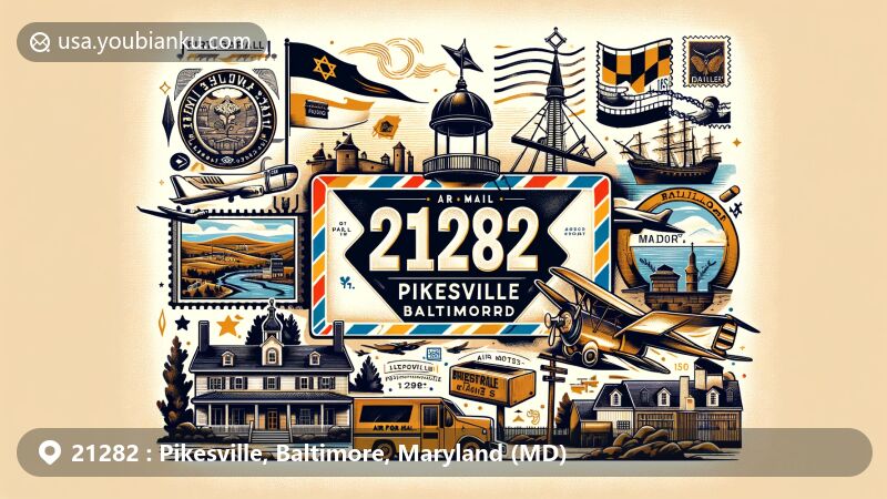 Modern illustration of Pikesville, Baltimore, Maryland, highlighting historic Fort Garrison and vibrant Jewish community, with subtle Maryland state flag background.