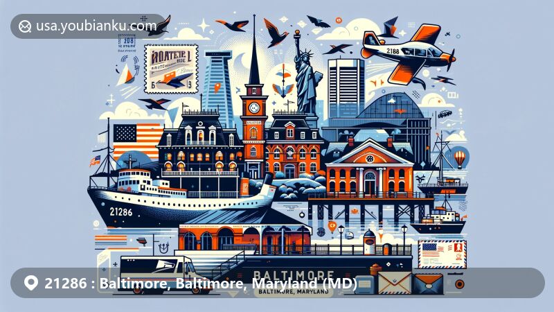 Vibrant illustration of ZIP Code 21286, Baltimore, Maryland, blending iconic landmarks like Fort McHenry and Edgar Allan Poe's home with postal elements such as postcards and stamps.