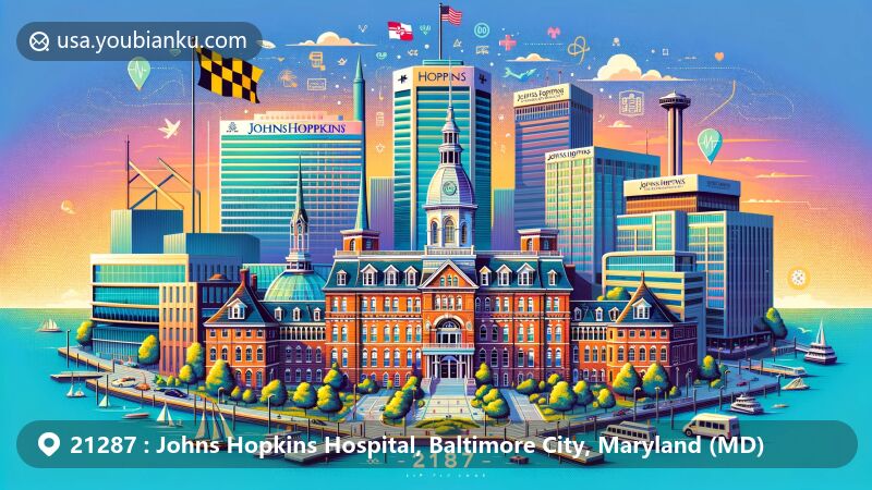 Modern illustration of ZIP code 21287 in Baltimore, Maryland, featuring Johns Hopkins Hospital with historic Billings Building and modern Sheikh Zayed Building and Charlotte R. Bloomberg Children’s Center.