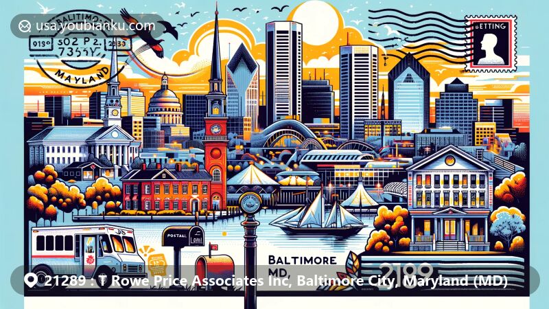 Modern illustration of Baltimore City, Maryland, ZIP code 21289, featuring iconic landmarks like Fort McHenry, Edgar Allan Poe's home, and the Washington Monument, creatively presented in a postcard format with city skyline background and postal elements.