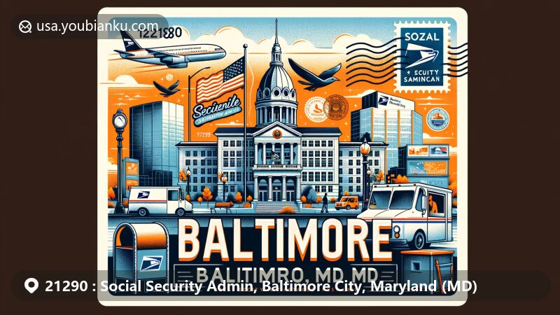 Modern illustration of the Social Security Admin area in Baltimore City, Maryland, highlighting postal theme with ZIP code 21290, featuring Baltimore skyline, Patterson Park, Senator Theatre, Parkway Theatre in a postcard layout with Maryland state flag and postal elements.