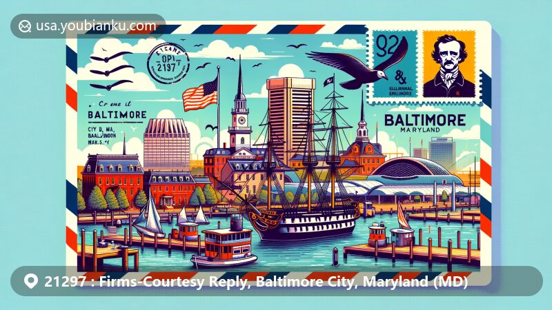 Modern illustration of ZIP code 21297 in Baltimore City, Maryland, featuring Fort McHenry, Edgar Allan Poe's home, Washington Monument, and USS Constellation, with postal elements like Maryland flag stamp, ZIP code postmark, and envelope.