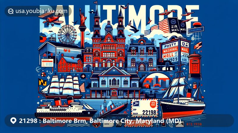 Modern illustration of Baltimore, Maryland, highlighting postal theme with ZIP code 21298, featuring landmarks like Fort McHenry, Edgar Allan Poe House, Washington Monument in Baltimore, and historic ships like USS Constellation.