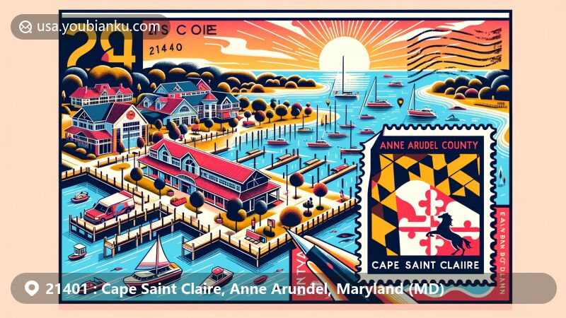 Modern illustration of Cape Saint Claire, Anne Arundel County, Maryland, featuring maritime lifestyle, community life, Anne Arundel County and Maryland symbols, with a vibrant and engaging postcard design.