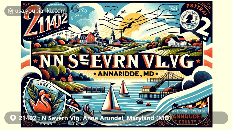 Modern illustration of N Severn Vlg, Anne Arundel, Maryland, showcasing postal theme with ZIP code 21402, featuring Severn River, Greenbury Point, Maryland state flag, and Anne Arundel County outline.