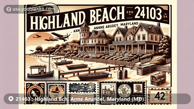 Modern illustration of Highland Beach, Anne Arundel County, Maryland, reflecting ZIP code 21403, highlighting rich cultural heritage as Maryland's first African-American municipality and summer resort for affluent African Americans, with visual references to Chesapeake Bay, historical architecture, and legacy of notable residents.