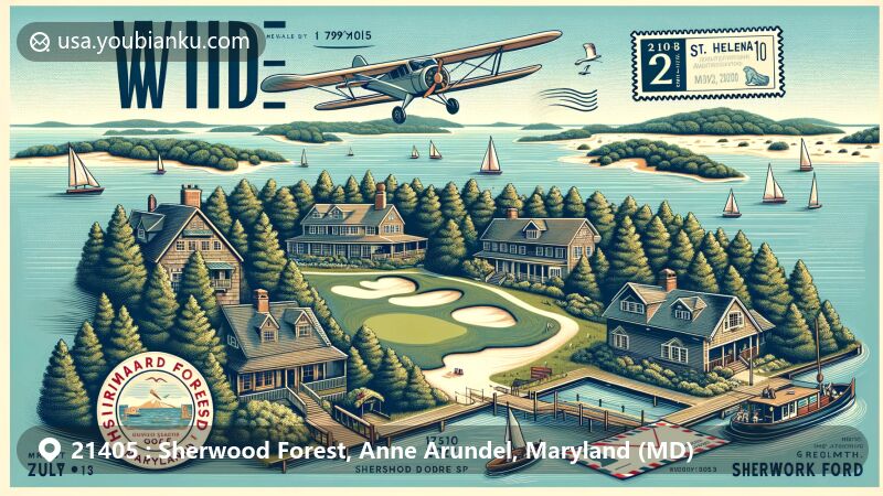 Modern illustration of Sherwood Forest area, Anne Arundel County, Maryland, featuring Sherwood Forest Golf Course, summer camp, and St. Helena Island. Includes airmail envelope, stamps, and ZIP Code 21405, blending geographic and postal elements.