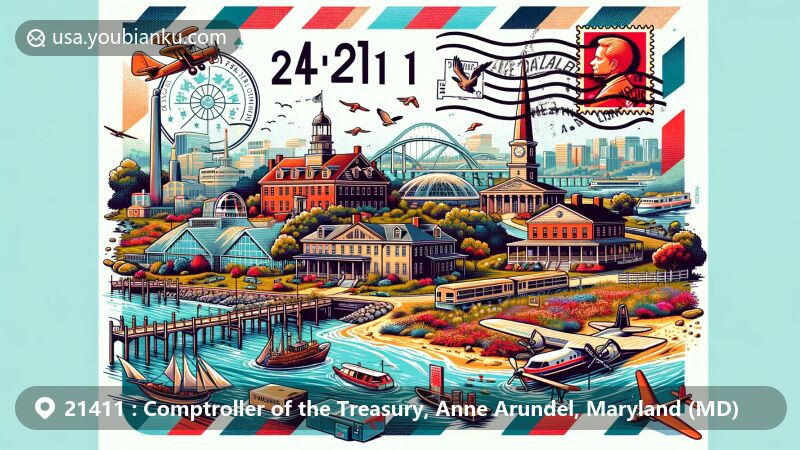 Modern illustration of Anne Arundel County, Maryland, blending landmarks and natural beauty with postal elements like airmail envelope, stamps, and postmark, featuring ZIP Code 21411.