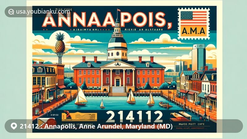 Modern illustration of Annapolis, Anne Arundel County, Maryland, portraying postal theme with ZIP code 21412, featuring Maryland State House, Main Street's historic charm, Naval Academy Chapel, sailboats in Chesapeake Bay, and America's Sailing Capital essence.