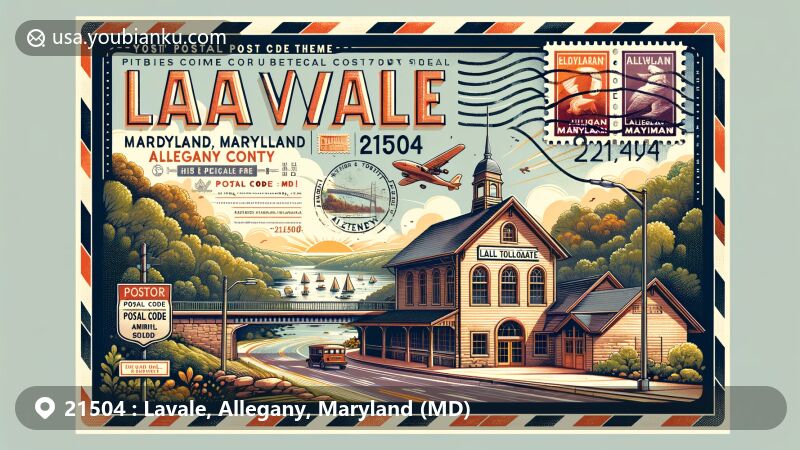Modern illustration of Lavale, Allegany County, Maryland, showcasing postal theme with ZIP code 21504, featuring Lavale Tollgate House and scenic beauty of Allegany County.