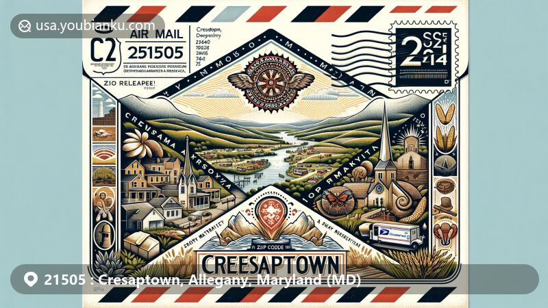 Modern illustration of Cresaptown, Maryland, showcasing postal theme with ZIP code 21505, featuring air mail envelope design with geographical outline, symbols of history and natural resources, Potomac River Valley backdrop, and postal service elements.