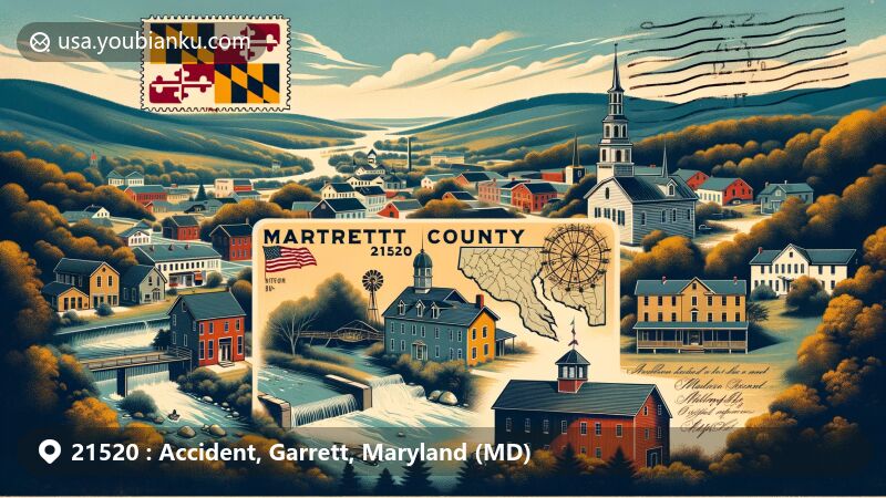 Modern digital illustration of Accident, Maryland, ZIP code 21520, with vintage postcard layout, displaying aerial view and Appalachian plateau setting, emphasizing state flag, Garrett County silhouette, and iconic landmarks like Kaese Mill and James Drane House.