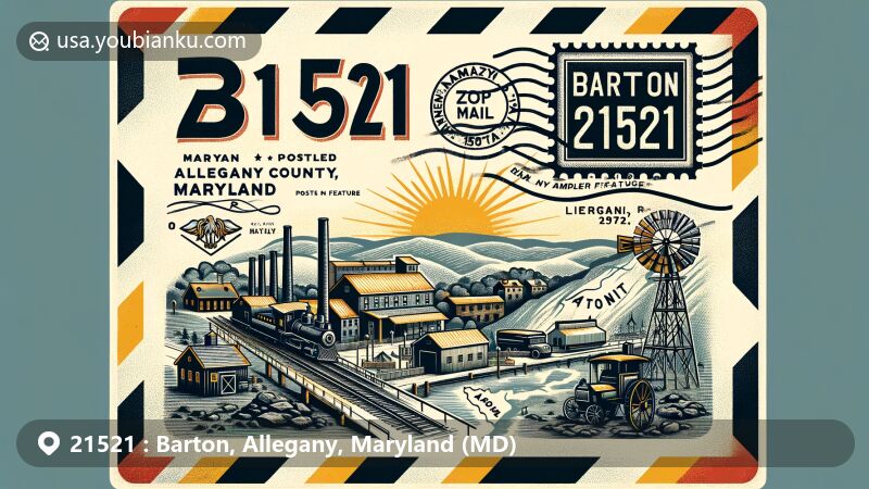 Modern illustration of Barton, Allegany County, Maryland, incorporating vintage air mail envelope and postal elements, featuring state flag, county outline, coal mine entrance, gristmill, postal stamp with ZIP code 21521, 'Barton, MD 21521' postmark, and small family-owned mines.